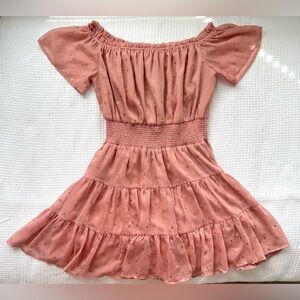 The Impeccable Pig Pink Gold Star Off Shoulder Smocked Tiered Dress M